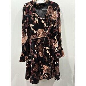 Ivanka Trump Floral Black/ Brown Velvet Dress Keyhole Neck Flared Sleeve Size 12